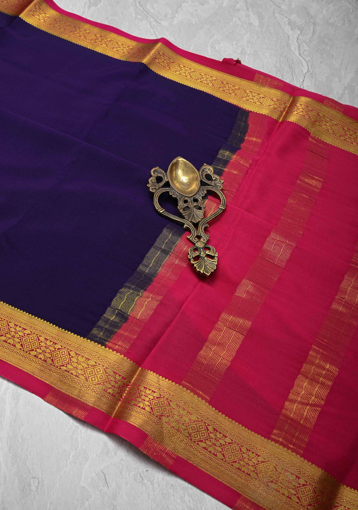 Dark Purple Mysore Silk Saree with Contrast Zari Border | SILK MARK CERTIFIED