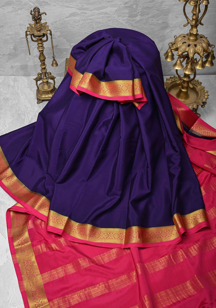 Dark Purple Mysore Silk Saree with Contrast Zari Border | SILK MARK CERTIFIED