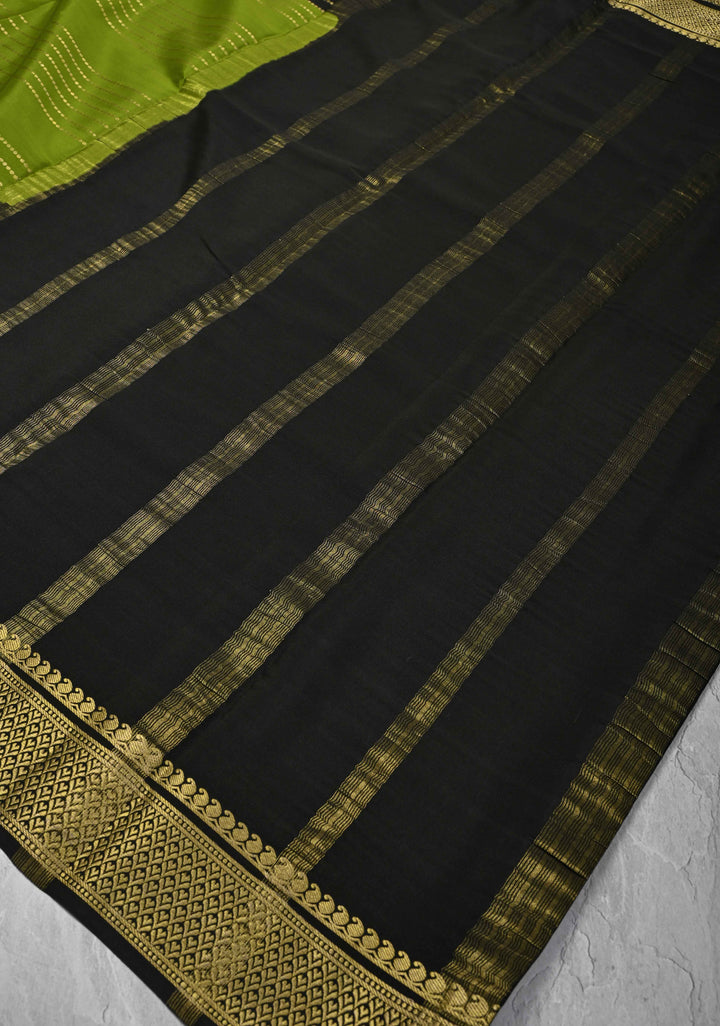 Olive Green Mysore Silk Saree with Horizontal Zari Stripes and Panel Border in KSIC Grade Thickness | SILK MARK CERTIFIED