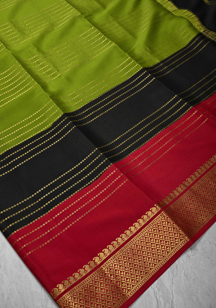 Olive Green Mysore Silk Saree with Horizontal Zari Stripes and Panel Border in KSIC Grade Thickness | SILK MARK CERTIFIED