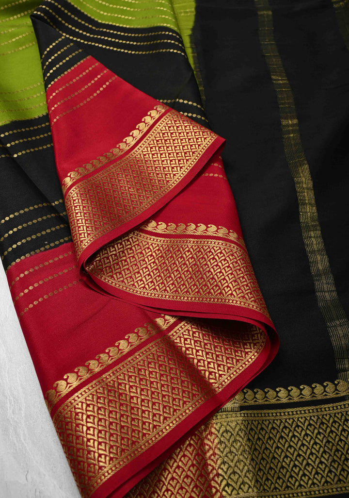 Olive Green Mysore Silk Saree with Horizontal Zari Stripes and Panel Border in KSIC Grade Thickness | SILK MARK CERTIFIED