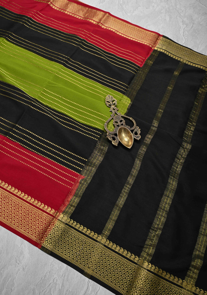 Olive Green Mysore Silk Saree with Horizontal Zari Stripes and Panel Border in KSIC Grade Thickness | SILK MARK CERTIFIED