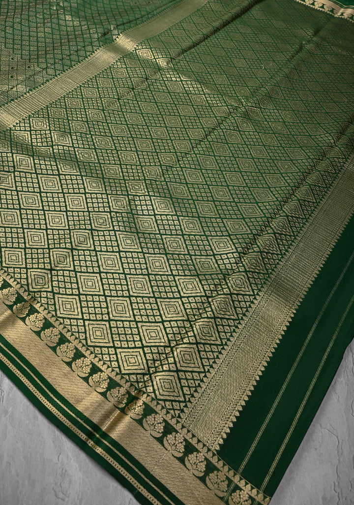 Green Mysore Silk Saree with Paisley and Floral Zari Brocade and Zari Border in KSIC Grade Thickness | SILK MARK CERTIFIED