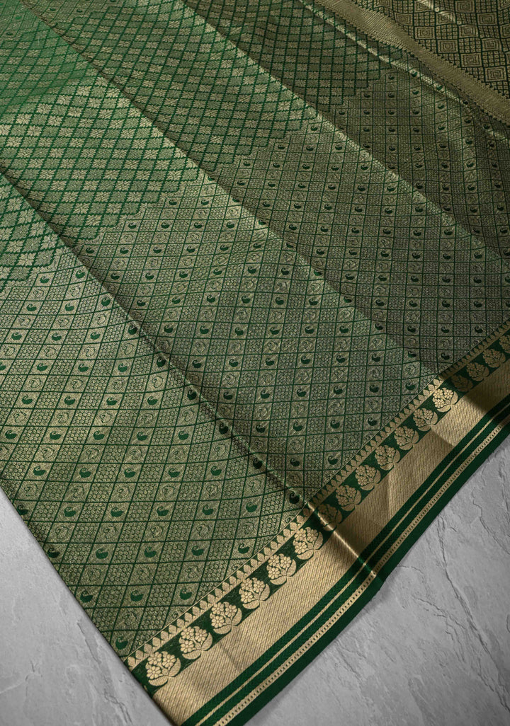 Green Mysore Silk Saree with Paisley and Floral Zari Brocade and Zari Border in KSIC Grade Thickness | SILK MARK CERTIFIED