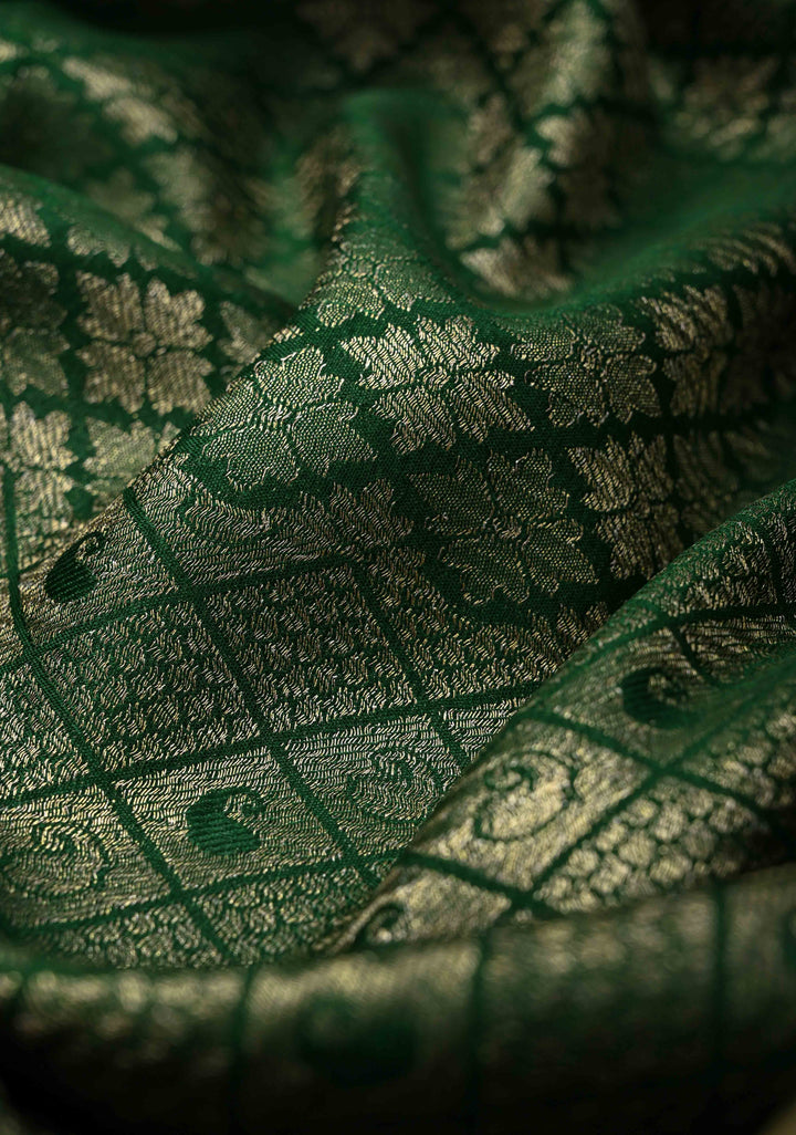 Green Mysore Silk Saree with Paisley and Floral Zari Brocade and Zari Border in KSIC Grade Thickness | SILK MARK CERTIFIED