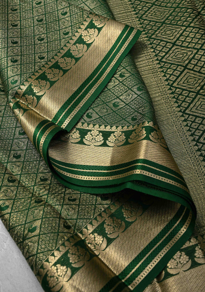 Green Mysore Silk Saree with Paisley and Floral Zari Brocade and Zari Border in KSIC Grade Thickness | SILK MARK CERTIFIED