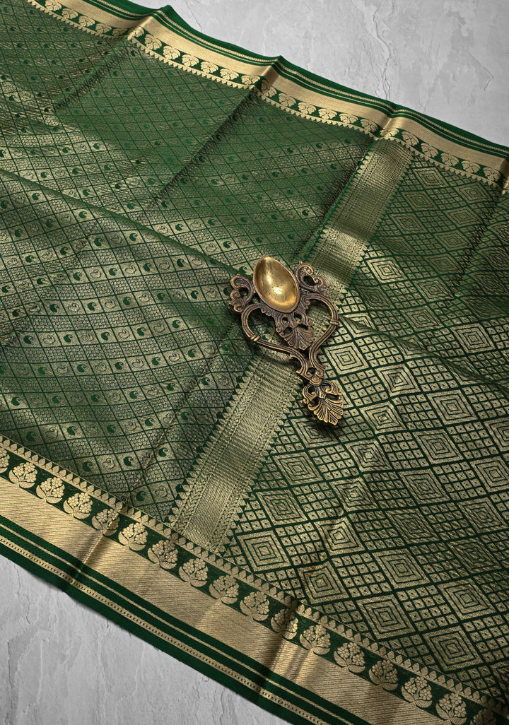 Green Mysore Silk Saree with Paisley and Floral Zari Brocade and Zari Border in KSIC Grade Thickness | SILK MARK CERTIFIED
