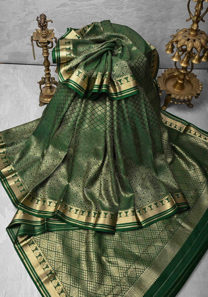 Green Mysore Silk Saree with Paisley and Floral Zari Brocade and Zari Border in KSIC Grade Thickness | SILK MARK CERTIFIED