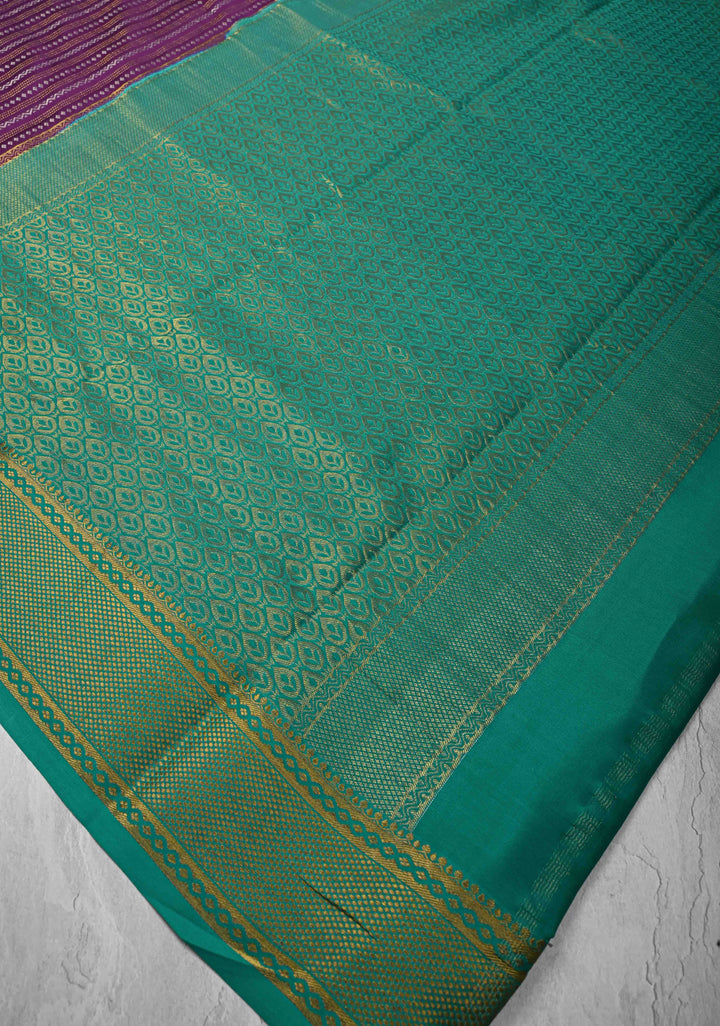 Dark Purple Mysore silk Saree With Ornate Zari Stripes And Contrast Border in KSIC Grade Thickness | SILK MARK CERTIFIED