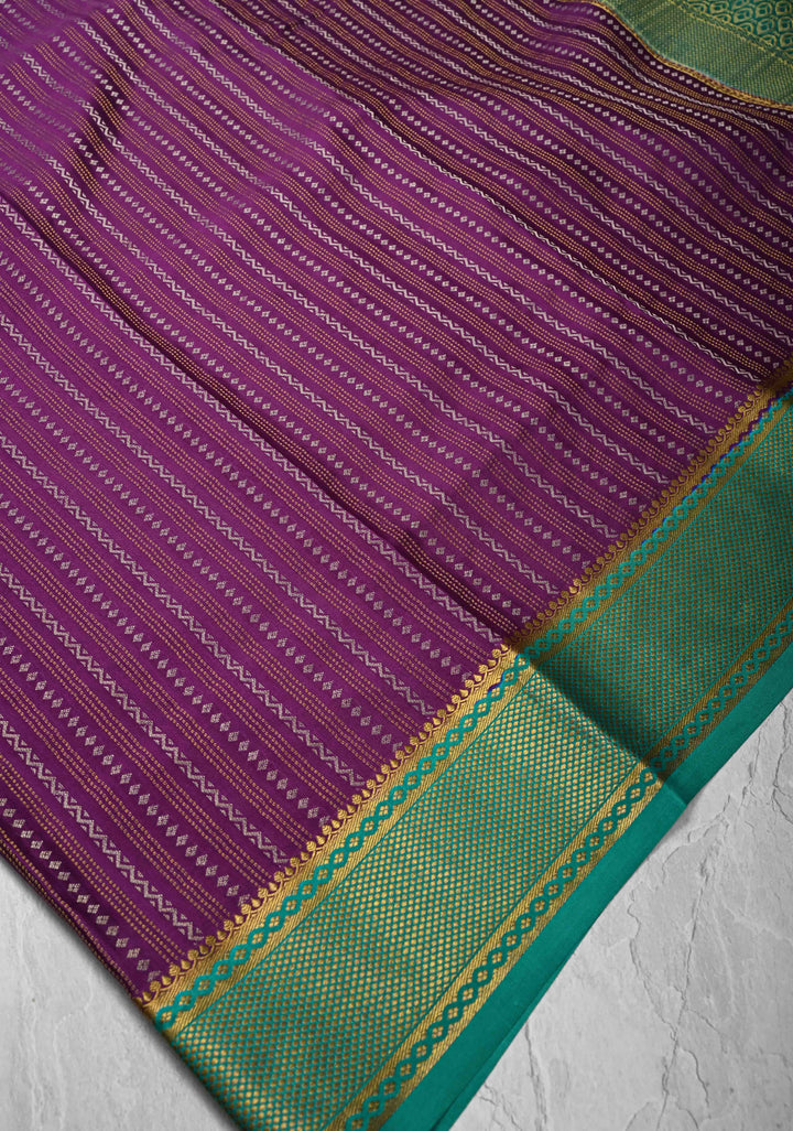 Dark Purple Mysore silk Saree With Ornate Zari Stripes And Contrast Border in KSIC Grade Thickness | SILK MARK CERTIFIED