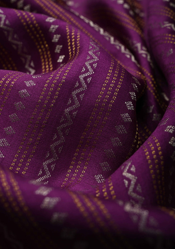Dark Purple Mysore silk Saree With Ornate Zari Stripes And Contrast Border in KSIC Grade Thickness | SILK MARK CERTIFIED