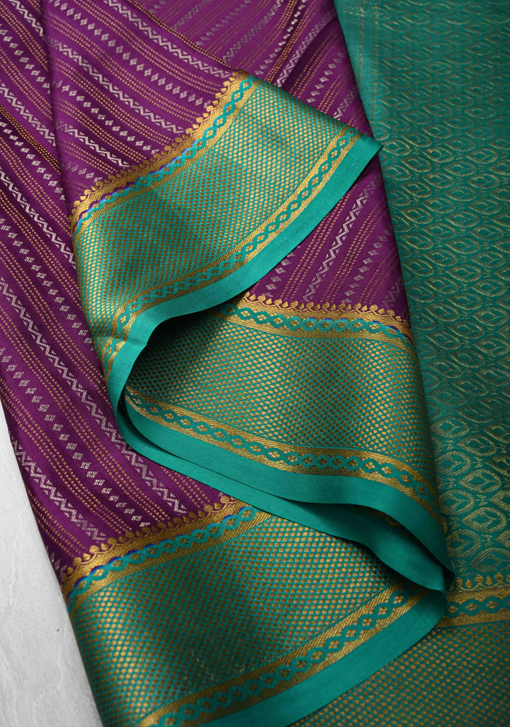 Dark Purple Mysore silk Saree With Ornate Zari Stripes And Contrast Border in KSIC Grade Thickness | SILK MARK CERTIFIED