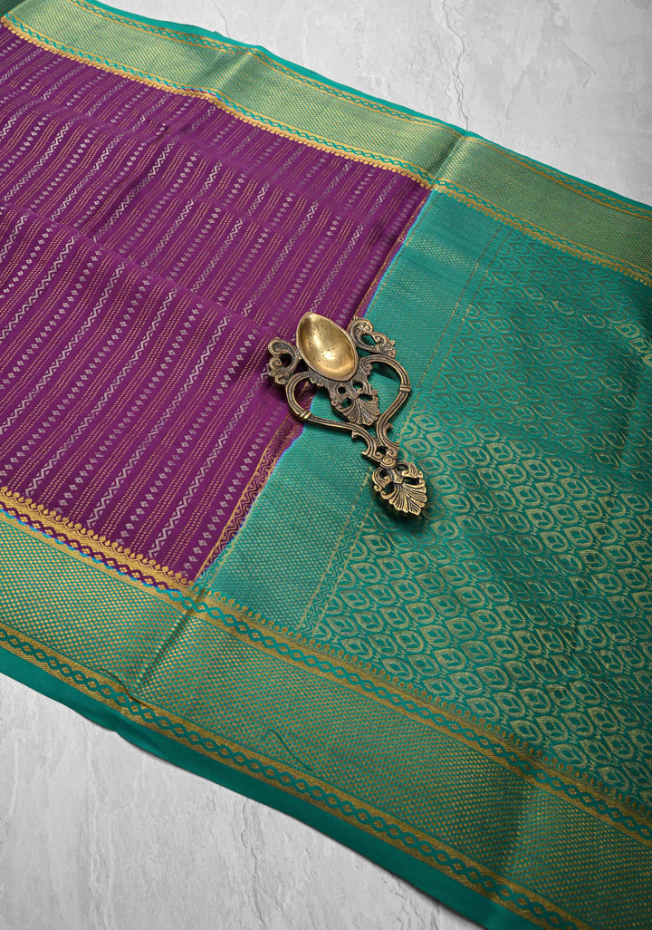 Dark Purple Mysore silk Saree With Ornate Zari Stripes And Contrast Border in KSIC Grade Thickness | SILK MARK CERTIFIED