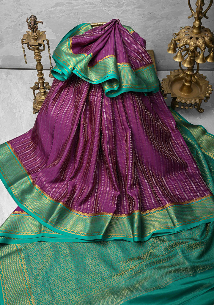 Dark Purple Mysore silk Saree With Ornate Zari Stripes And Contrast Border in KSIC Grade Thickness | SILK MARK CERTIFIED