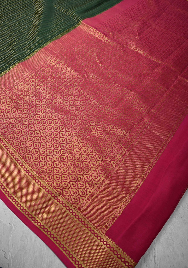 Dark Green Mysore silk Saree With Ornate Zari Stripes Contrast Border in KSIC Grade Thickness | SILK MARK CERTIFIED