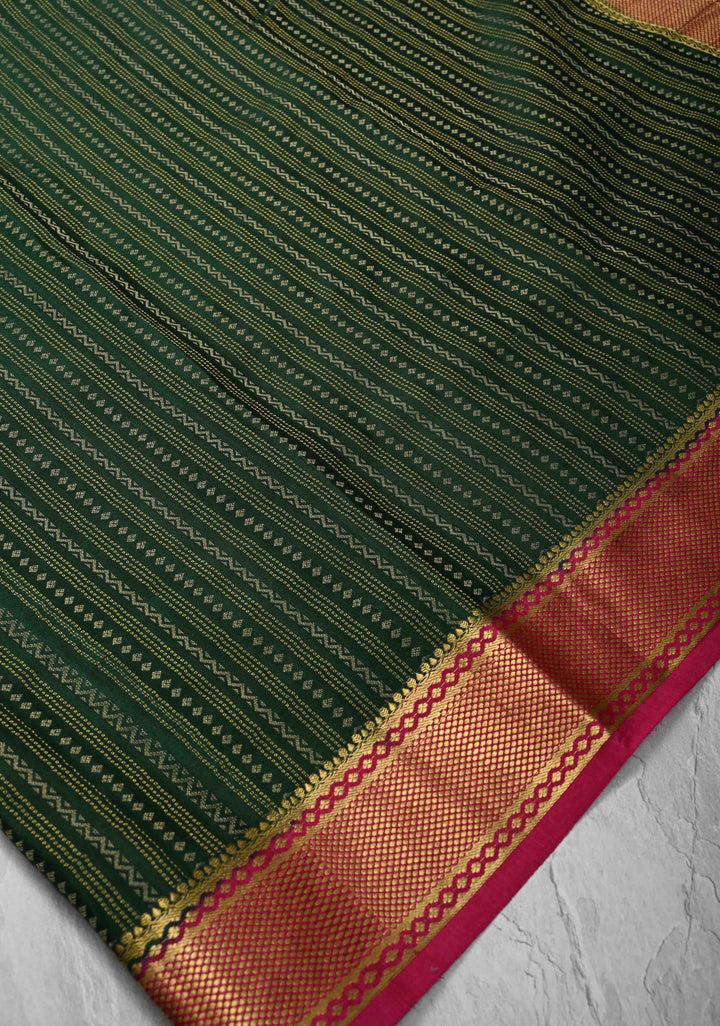 Dark Green Mysore silk Saree With Ornate Zari Stripes Contrast Border in KSIC Grade Thickness | SILK MARK CERTIFIED