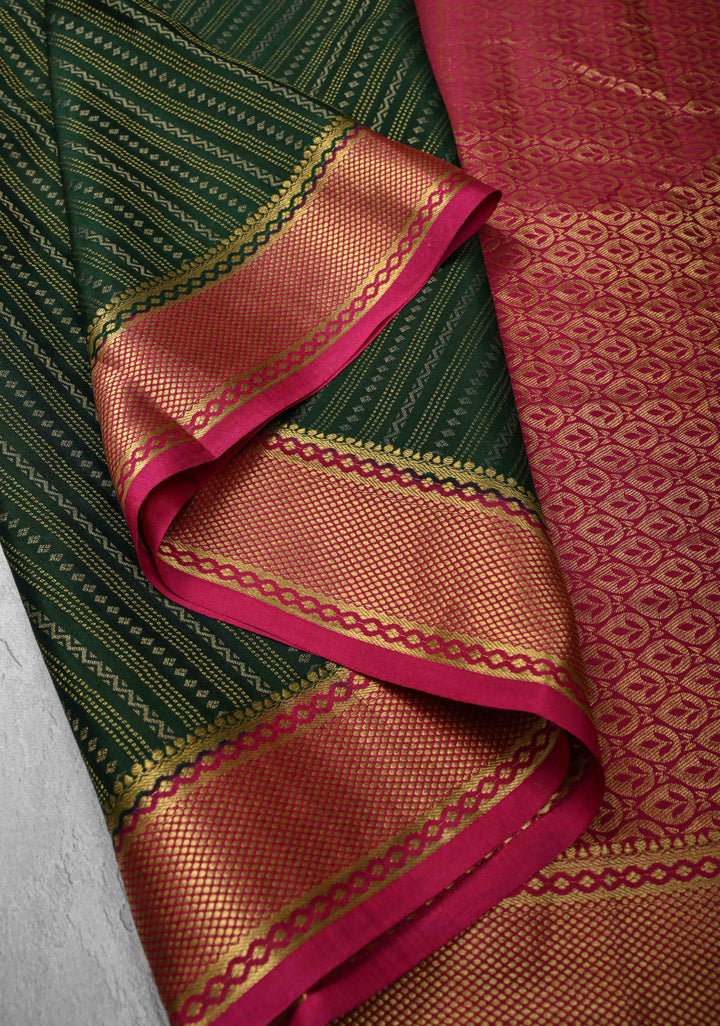 Dark Green Mysore silk Saree With Ornate Zari Stripes Contrast Border in KSIC Grade Thickness | SILK MARK CERTIFIED