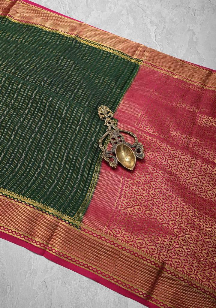 Dark Green Mysore silk Saree With Ornate Zari Stripes Contrast Border in KSIC Grade Thickness | SILK MARK CERTIFIED