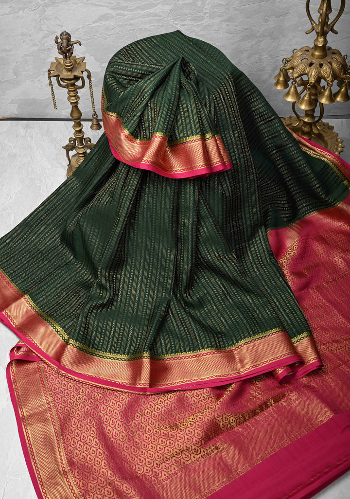 Dark Green Mysore silk Saree With Ornate Zari Stripes Contrast Border in KSIC Grade Thickness | SILK MARK CERTIFIED