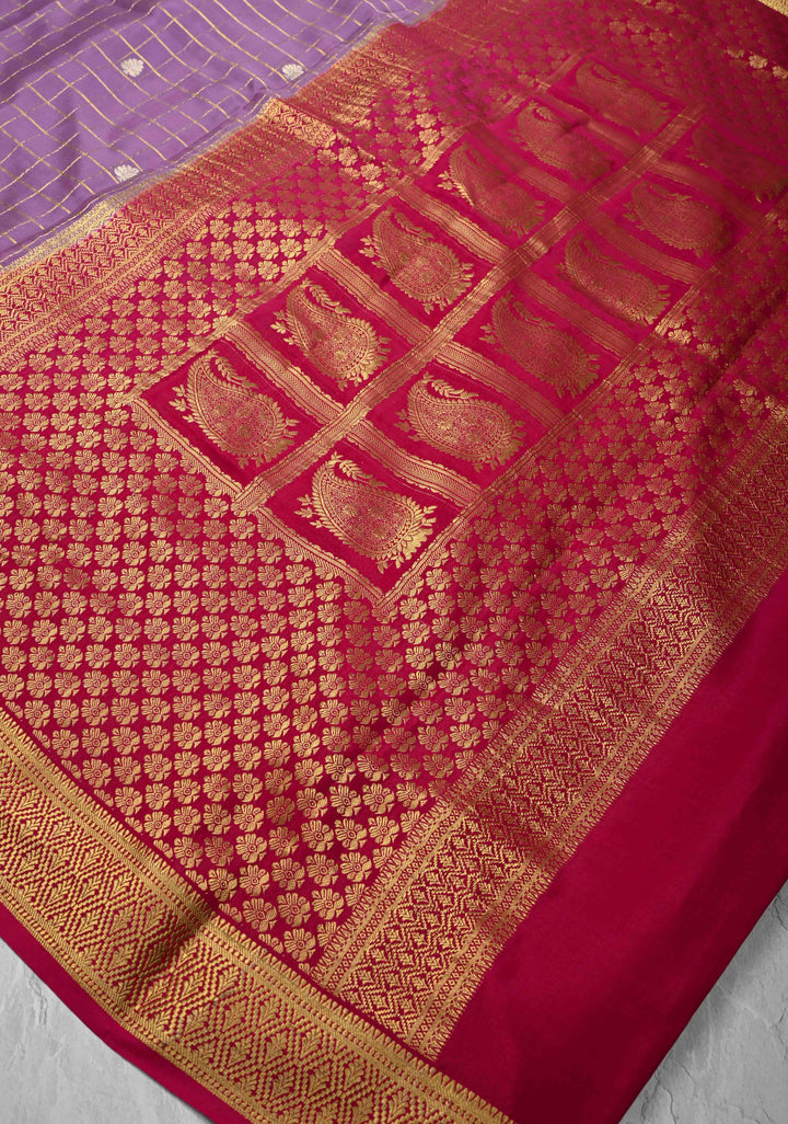 Dark Lilac Zari Checks on Pure Mysore Silk saree Floral Zari Motifs And Podi Kattam Border in KSIC Grade Thickness | SILK MARK CERTIFIED