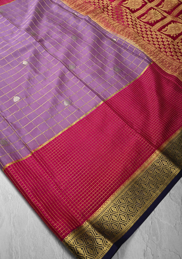 Dark Lilac Zari Checks on Pure Mysore Silk saree Floral Zari Motifs And Podi Kattam Border in KSIC Grade Thickness | SILK MARK CERTIFIED
