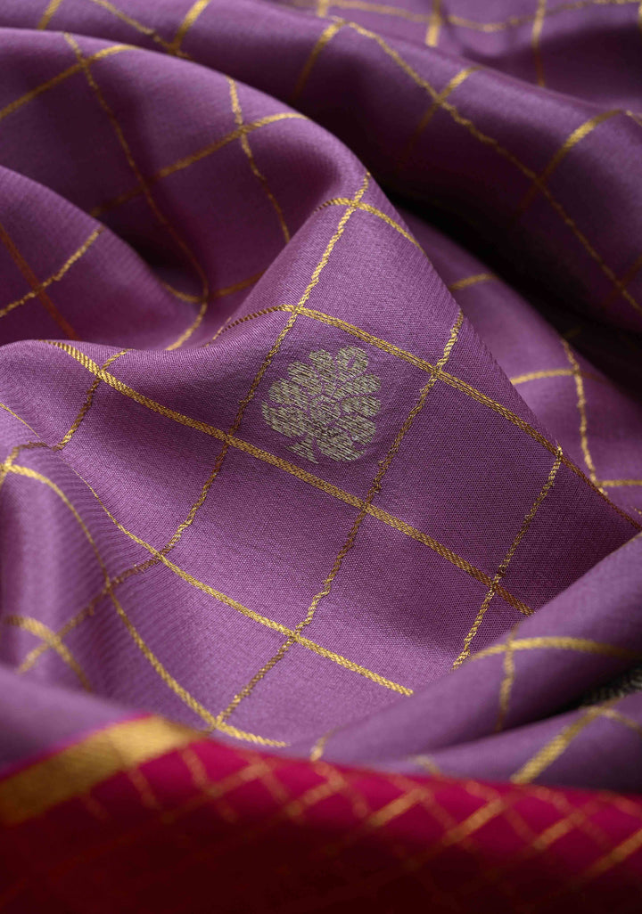 Dark Lilac Zari Checks on Pure Mysore Silk saree Floral Zari Motifs And Podi Kattam Border in KSIC Grade Thickness | SILK MARK CERTIFIED