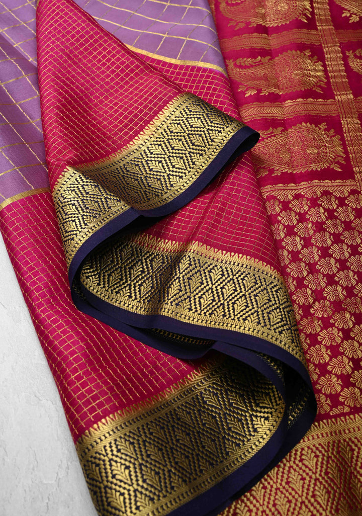 Dark Lilac Zari Checks on Pure Mysore Silk saree Floral Zari Motifs And Podi Kattam Border in KSIC Grade Thickness | SILK MARK CERTIFIED