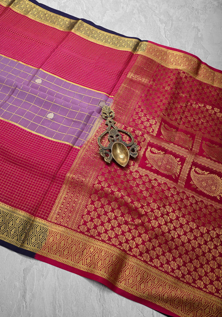 Dark Lilac Zari Checks on Pure Mysore Silk saree Floral Zari Motifs And Podi Kattam Border in KSIC Grade Thickness | SILK MARK CERTIFIED