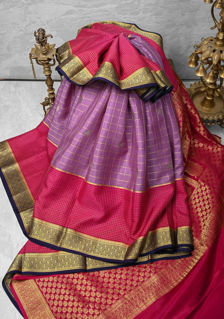 Dark Lilac Zari Checks on Pure Mysore Silk saree Floral Zari Motifs And Podi Kattam Border in KSIC Grade Thickness | SILK MARK CERTIFIED