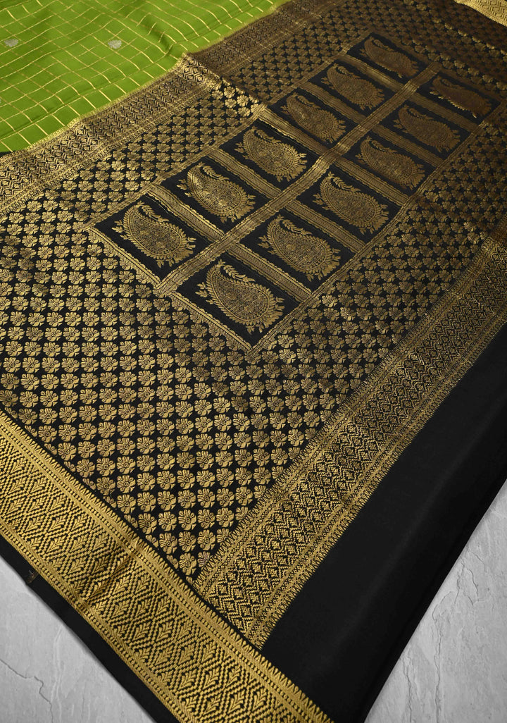 Avocado green Zari Checks on Pure Mysore Silk saree with Zari Motifs And Podi Kattam Border in KSIC Grade Thickness | SILK MARK CERTIFIED