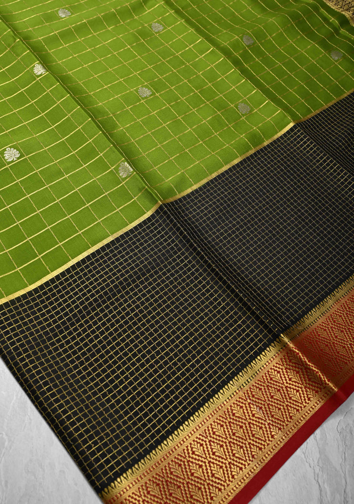 Avocado green Zari Checks on Pure Mysore Silk saree with Zari Motifs And Podi Kattam Border in KSIC Grade Thickness | SILK MARK CERTIFIED
