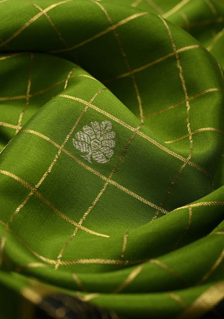 Avocado green Zari Checks on Pure Mysore Silk saree with Zari Motifs And Podi Kattam Border in KSIC Grade Thickness | SILK MARK CERTIFIED