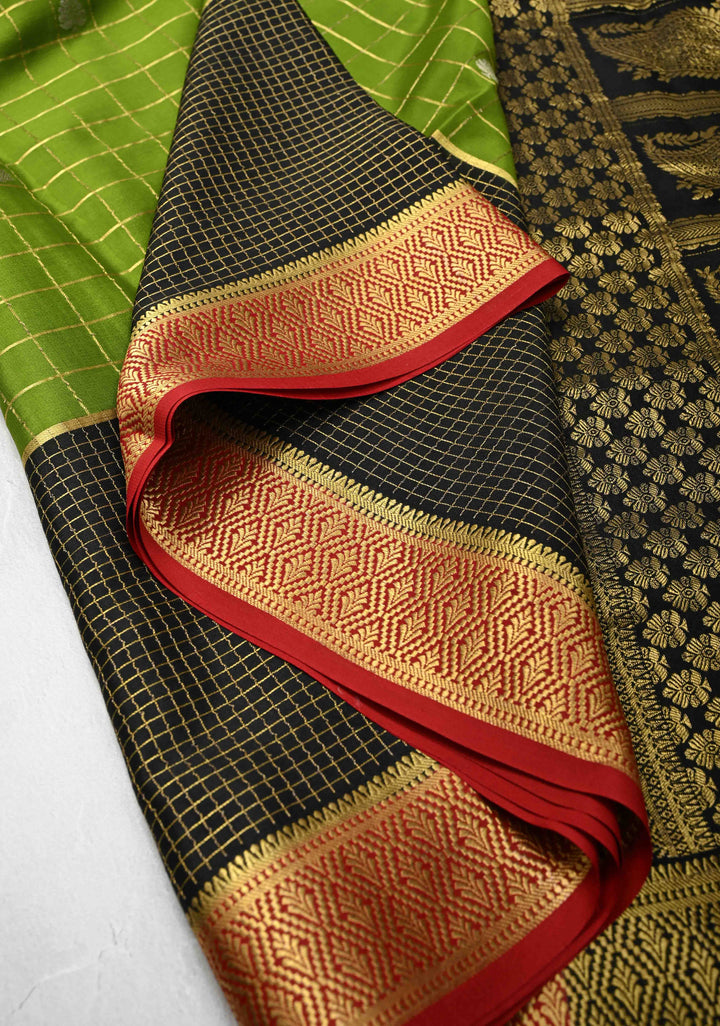 Avocado green Zari Checks on Pure Mysore Silk saree with Zari Motifs And Podi Kattam Border in KSIC Grade Thickness | SILK MARK CERTIFIED