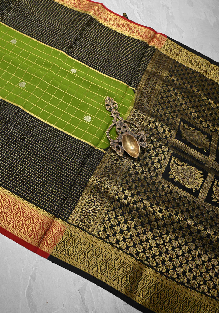 Avocado green Zari Checks on Pure Mysore Silk saree with Zari Motifs And Podi Kattam Border in KSIC Grade Thickness | SILK MARK CERTIFIED