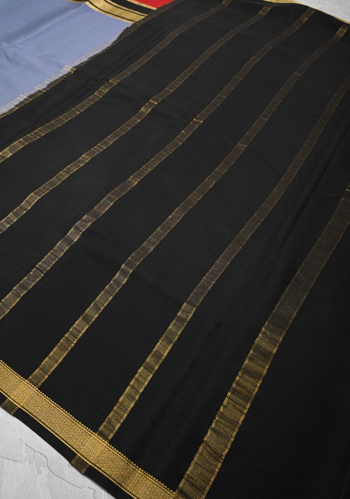 Gray Mysore Silk Saree with Maroon Panel and Zari Border | SILK MARK CERTIFIED