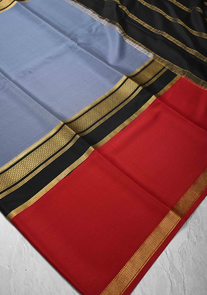 Gray Mysore Silk Saree with Maroon Panel and Zari Border | SILK MARK CERTIFIED