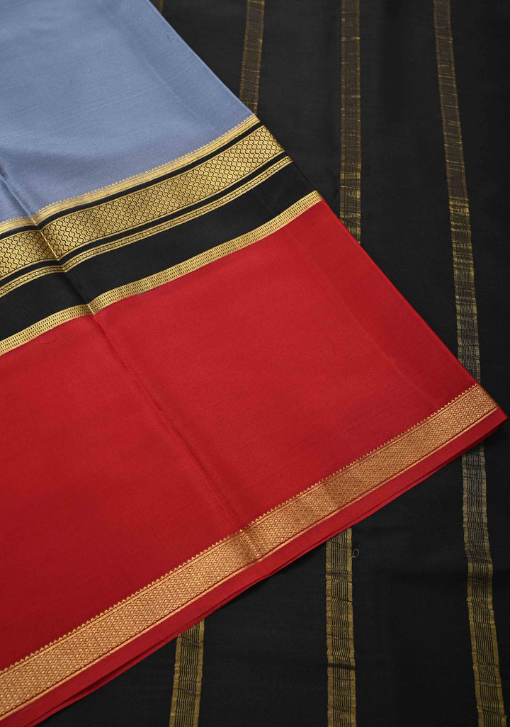 Gray Mysore Silk Saree with Maroon Panel and Zari Border | SILK MARK CERTIFIED