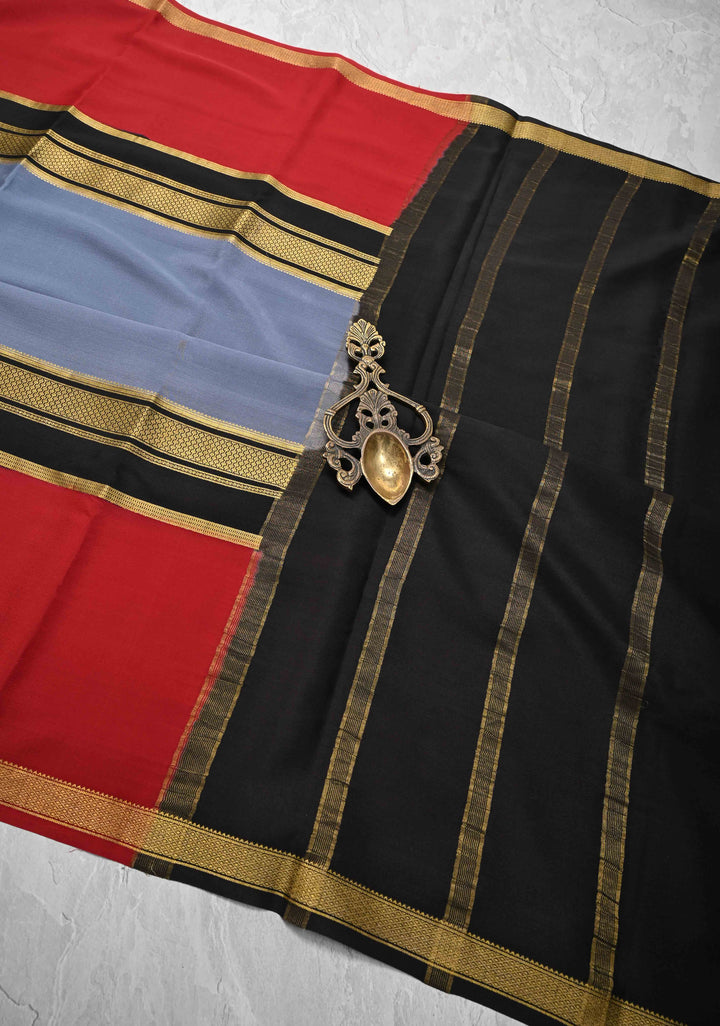 Gray Mysore Silk Saree with Maroon Panel and Zari Border | SILK MARK CERTIFIED