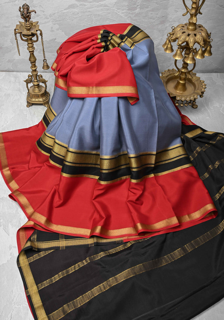 Gray Mysore Silk Saree with Maroon Panel and Zari Border | SILK MARK CERTIFIED