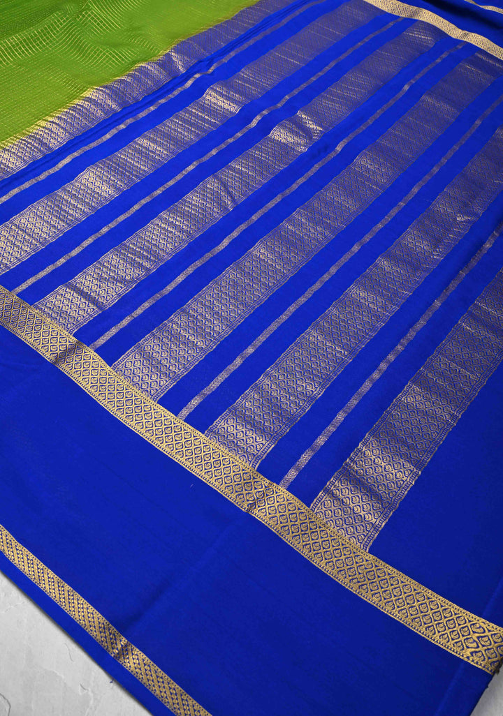 Lime Green Mysore Silk Saree with Podi-Kattam Zari Checks and Rettaipet Royal Blue Border in KSIC Grade Thickness | SILK MARK CERTIFIED