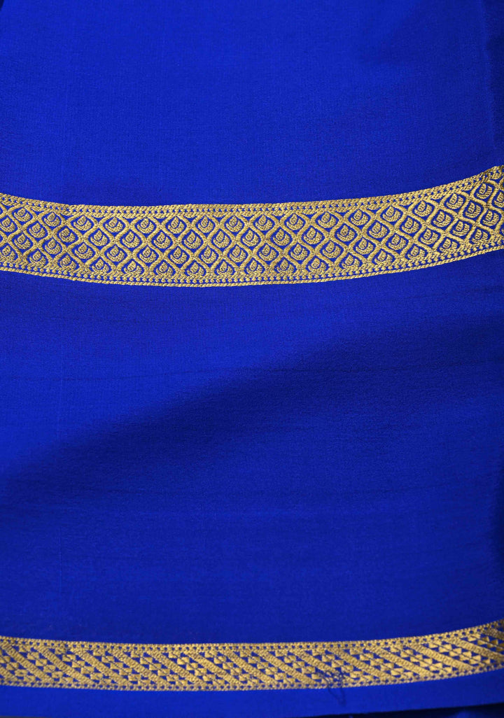 Lime Green Mysore Silk Saree with Podi-Kattam Zari Checks and Rettaipet Royal Blue Border in KSIC Grade Thickness | SILK MARK CERTIFIED
