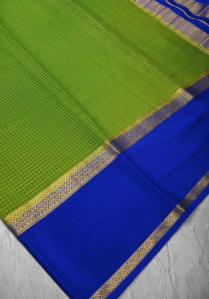 Lime Green Mysore Silk Saree with Podi-Kattam Zari Checks and Rettaipet Royal Blue Border in KSIC Grade Thickness | SILK MARK CERTIFIED