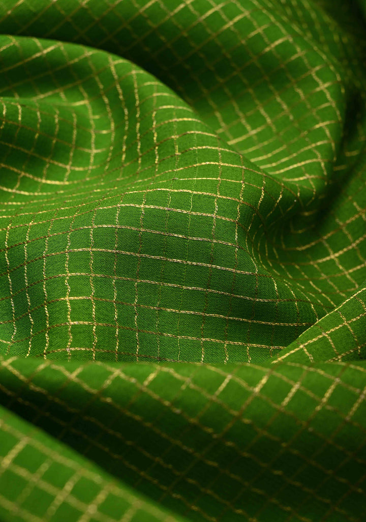 Lime Green Mysore Silk Saree with Podi-Kattam Zari Checks and Rettaipet Royal Blue Border in KSIC Grade Thickness | SILK MARK CERTIFIED