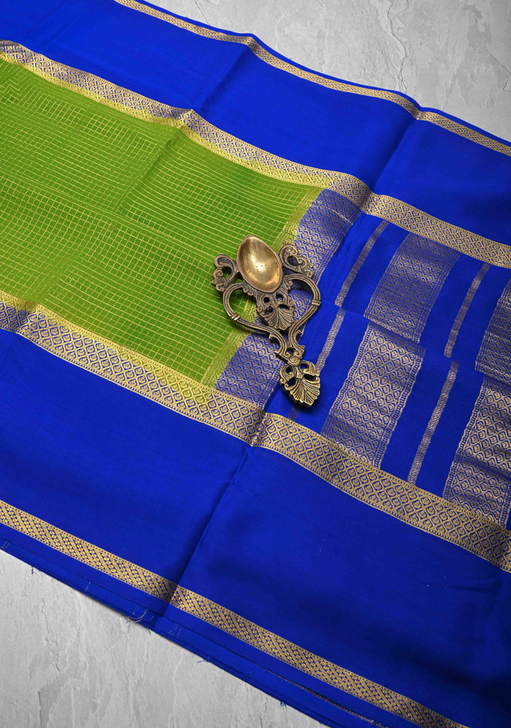Lime Green Mysore Silk Saree with Podi-Kattam Zari Checks and Rettaipet Royal Blue Border in KSIC Grade Thickness | SILK MARK CERTIFIED