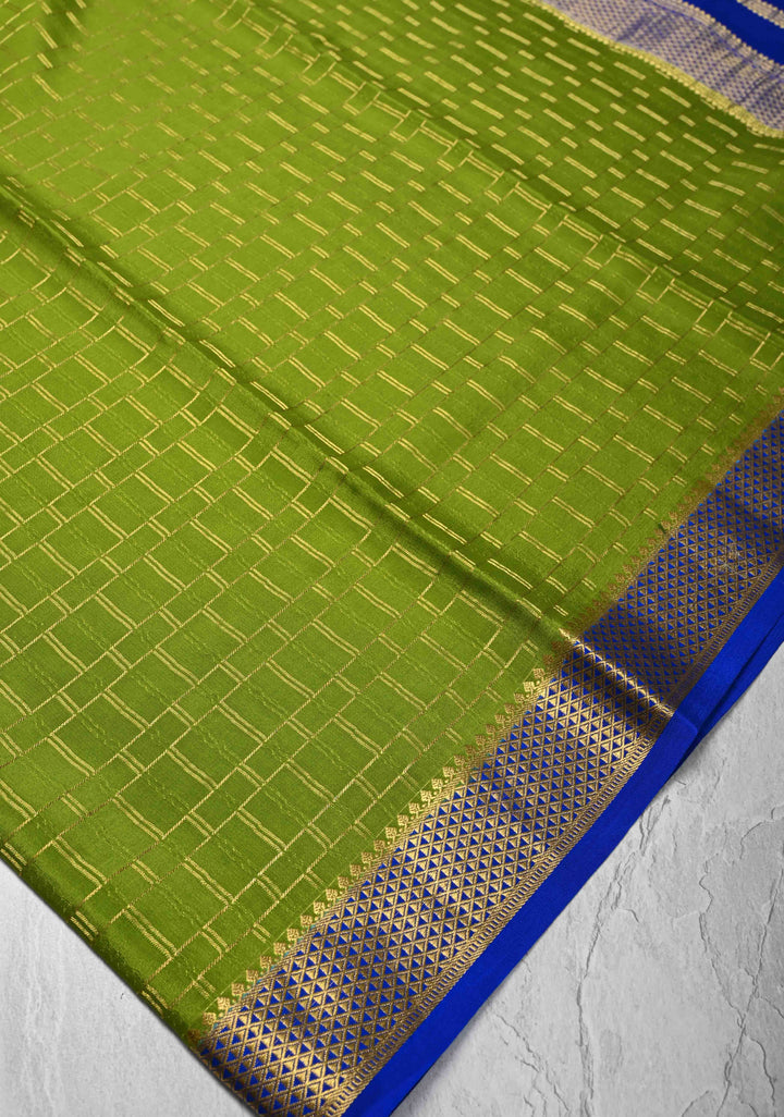 Lime Green  Mysore Silk Saree with Zari Checks and Zari Border in KSIC Grade Thickness | SILK MARK CERTIFIED