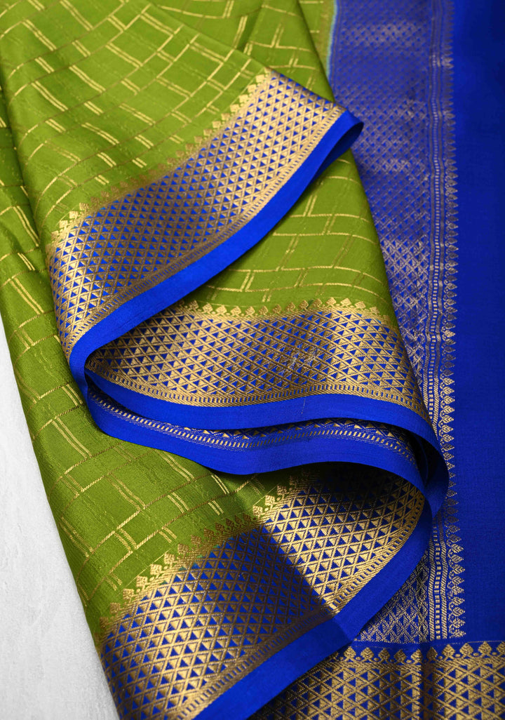 Lime Green  Mysore Silk Saree with Zari Checks and Zari Border in KSIC Grade Thickness | SILK MARK CERTIFIED