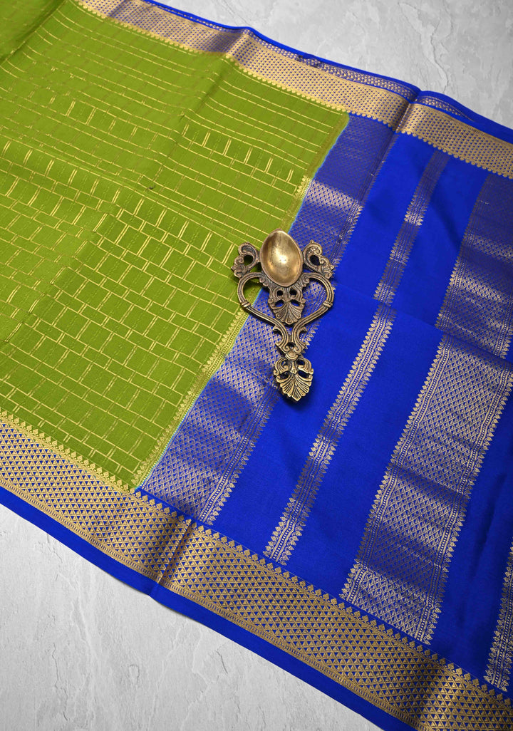 Lime Green  Mysore Silk Saree with Zari Checks and Zari Border in KSIC Grade Thickness | SILK MARK CERTIFIED