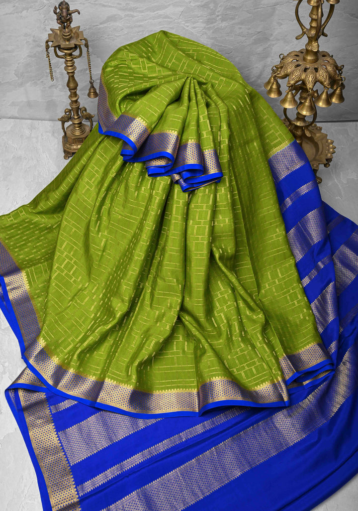 Lime Green  Mysore Silk Saree with Zari Checks and Zari Border in KSIC Grade Thickness | SILK MARK CERTIFIED