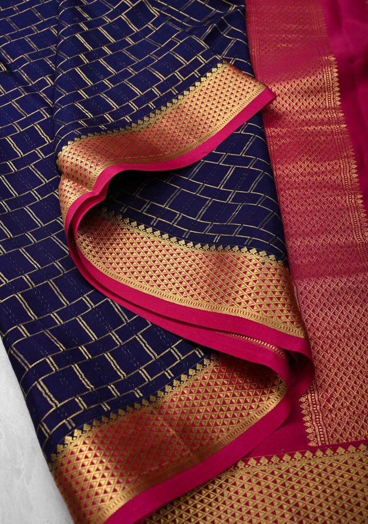 Purple Mysore Silk Saree with Zari Checks and Zari Border in KSIC Grade Thickness | SILK MARK CERTIFIED