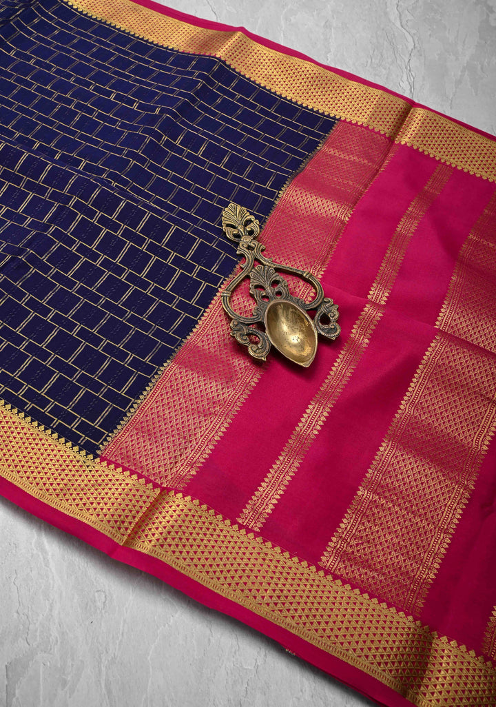 Purple Mysore Silk Saree with Zari Checks and Zari Border in KSIC Grade Thickness | SILK MARK CERTIFIED